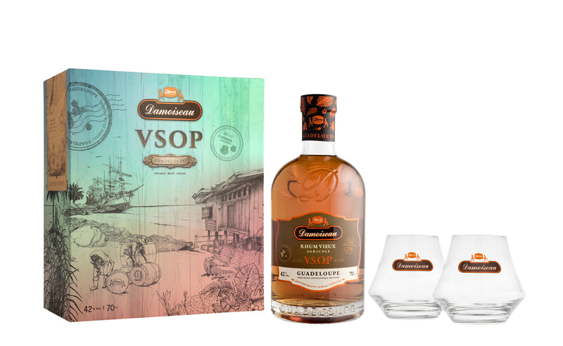 COFFRET RHUM VIEUX VSOP 2 VERRES 42° 70CL DAMOISEAU