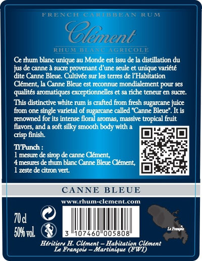 RHUM BLANC 50° 70CL CANNE BLEUE  Gamme Bar  CLEMENT